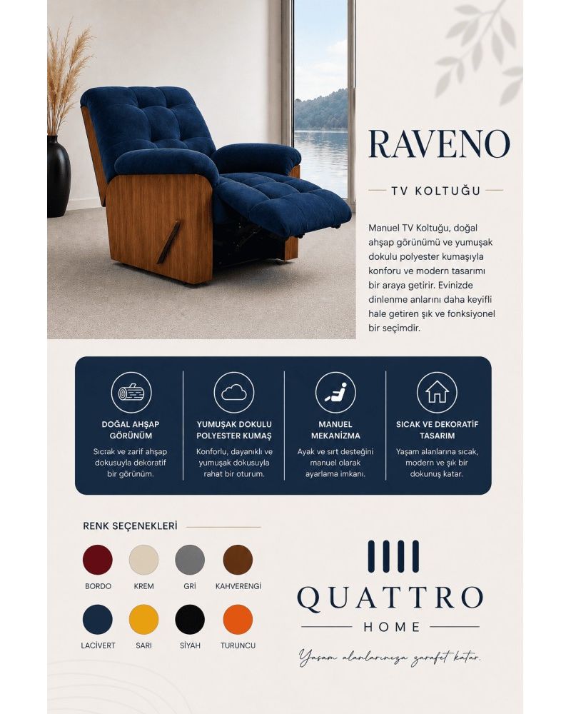 Raveno TV Koltuğu Manuel Mekanizmalı Polyester Kumaş Ahşap Görünümlü Relax Koltuk