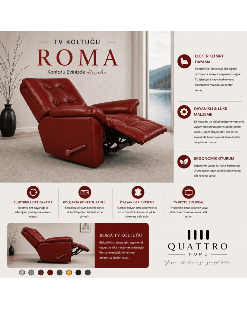 Roma TV Koltuğu Elektrikli Sırt Dayamalı İtalyan Deri Kontrollü Relax Koltuk