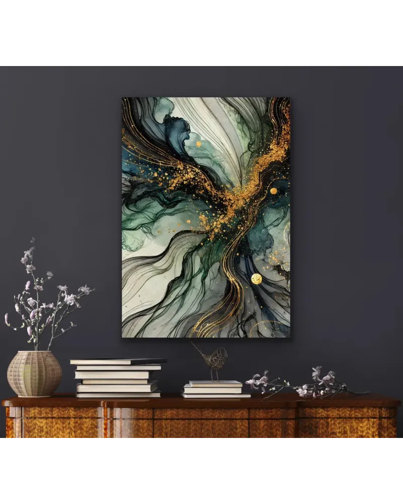 Yeşil Mavi Gold Soyut Kanvas Tablo 70x100cm