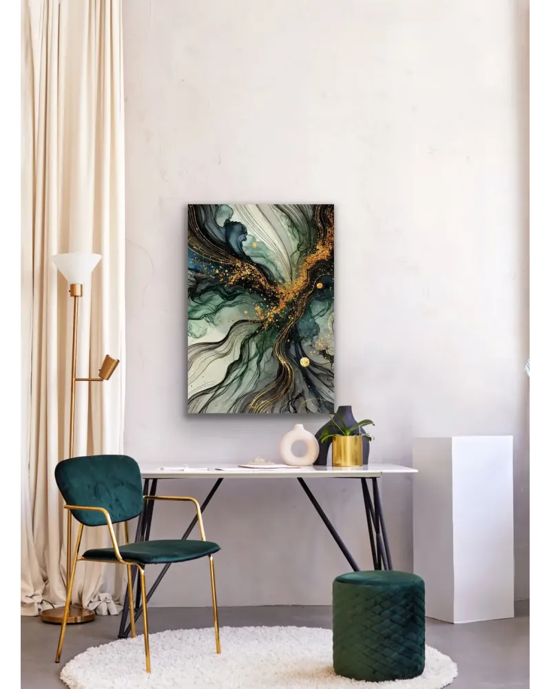 Yeşil Mavi Gold Soyut Kanvas Tablo 70x100cm
