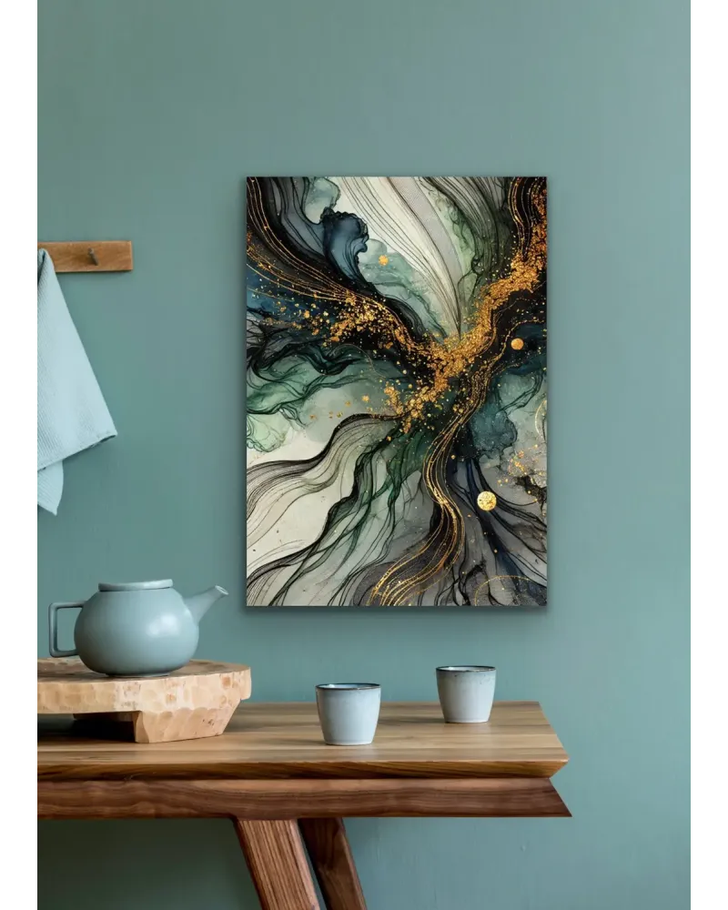 Yeşil Mavi Gold Soyut Kanvas Tablo 70x100cm