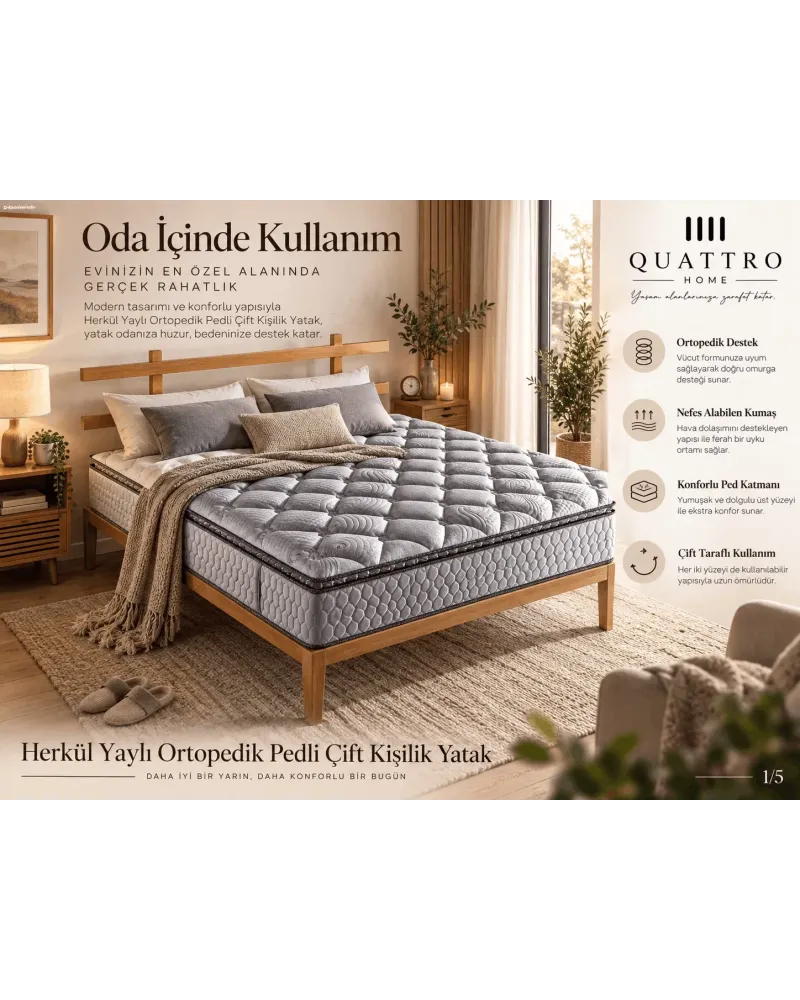 Herkül Yaylı Ortopedik Pedli Çift Kişilik Yatak-vücudun farklı noktalarına eşit destek sunar ve ağırlığı dengeli dağıtır.