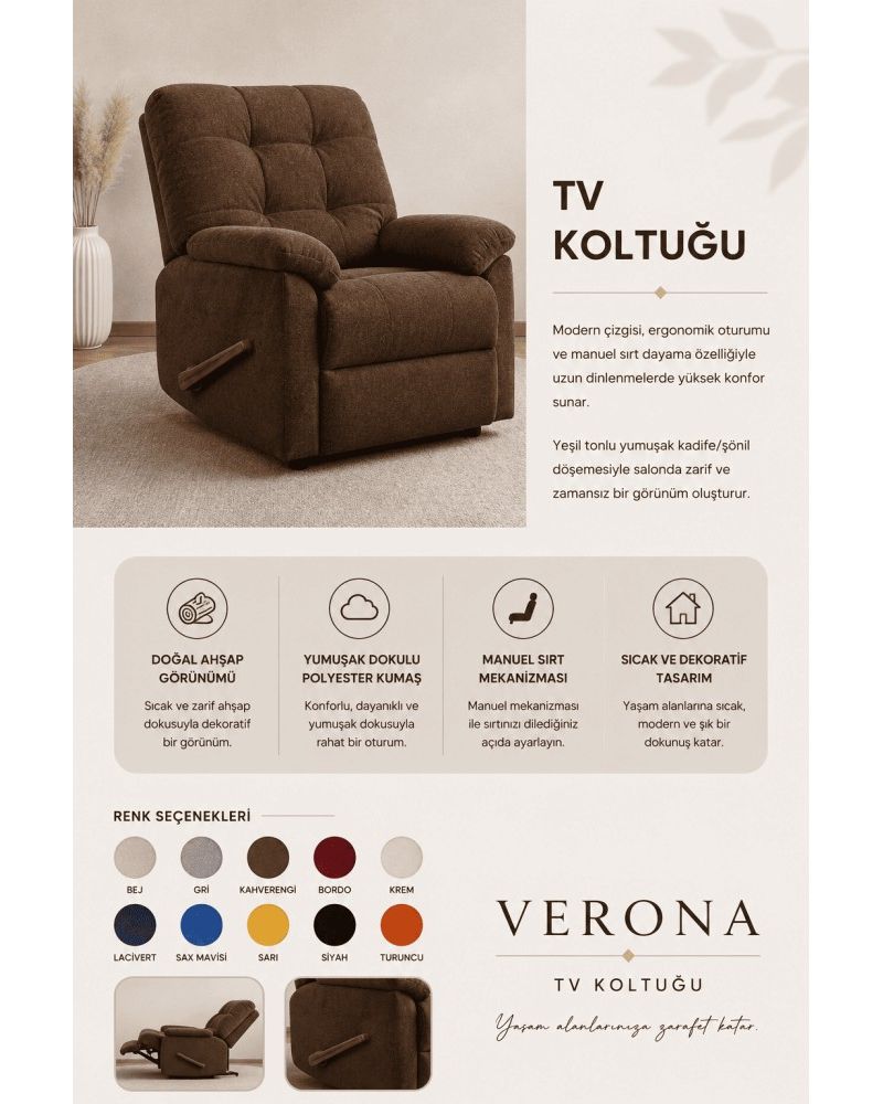 Verona TV Koltuğu Manuel Sırt Mekanizmalı Polyester Kumaş Relax Koltuk
