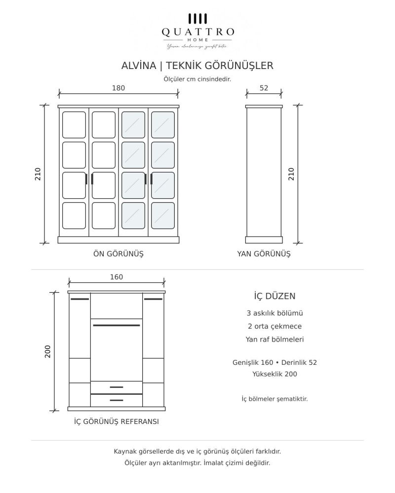 Ravena 4 Kapaklı Aynalı 2 Çekmeceli Gardırop-Genişlik: 160 cm Derinlik: 52 cm Yükseklik: 200 cm