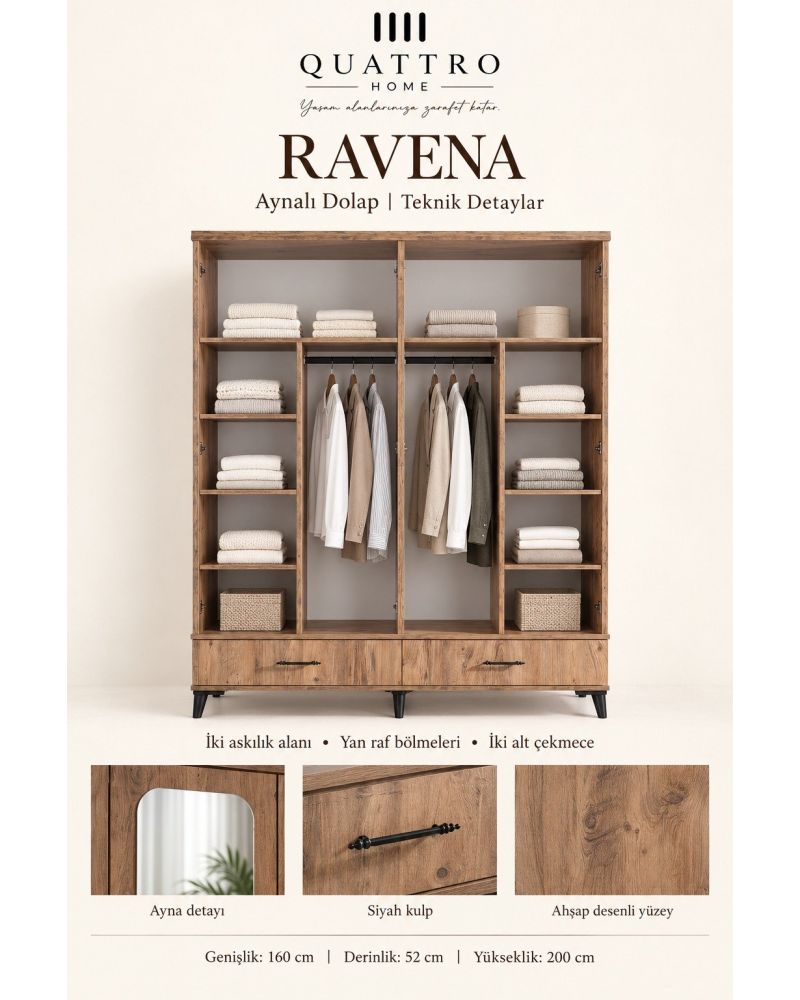 Ravena 4 Kapaklı Aynalı 2 Çekmeceli Gardırop-Genişlik: 160 cm Derinlik: 52 cm Yükseklik: 200 cm