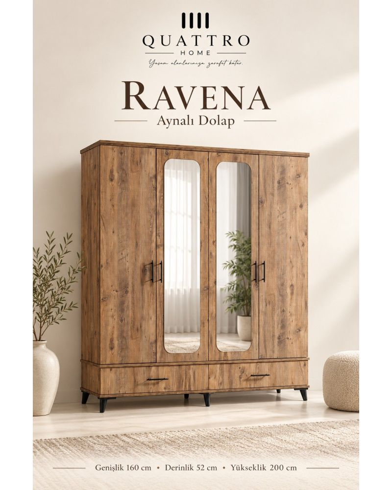 Ravena 4 Kapaklı Aynalı 2 Çekmeceli Gardırop-Genişlik: 160 cm Derinlik: 52 cm Yükseklik: 200 cm