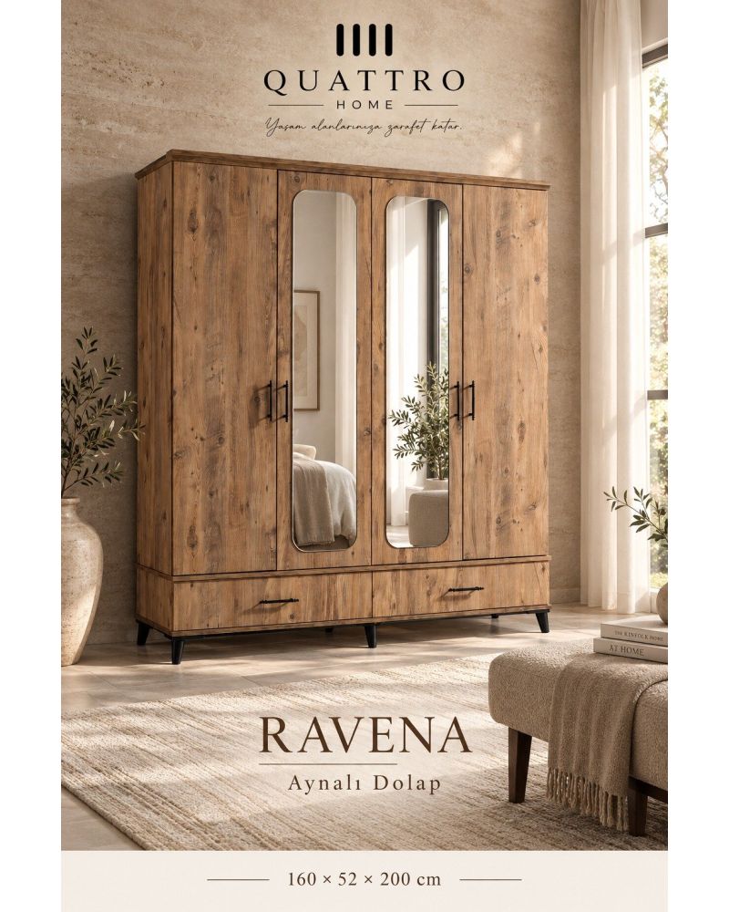 Ravena 4 Kapaklı Aynalı 2 Çekmeceli Gardırop-Genişlik: 160 cm Derinlik: 52 cm Yükseklik: 200 cm