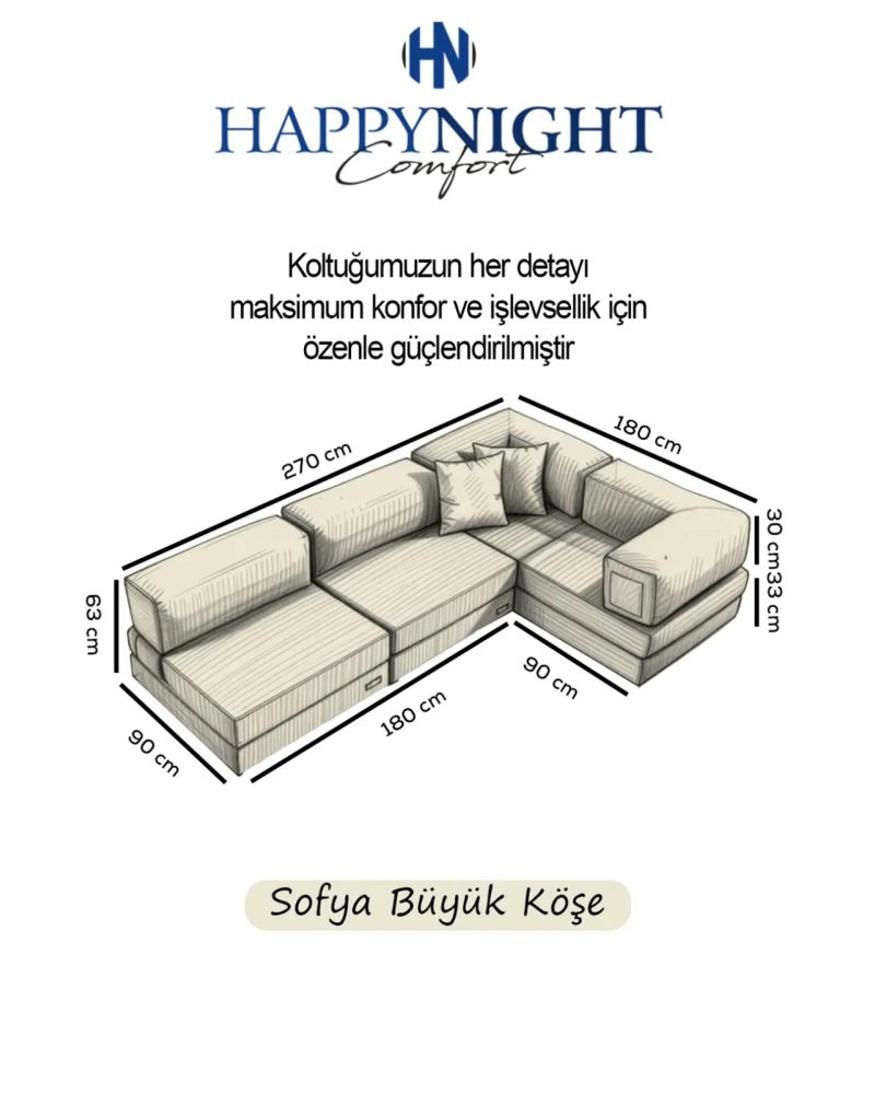 Gri Köşe Koltuk Takımı - 270x180 cm Modüler Tasarım