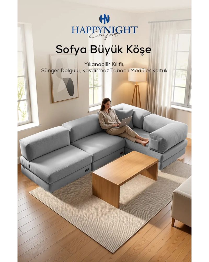 Gri Köşe Koltuk Takımı - 270x180 cm Modüler Tasarım
