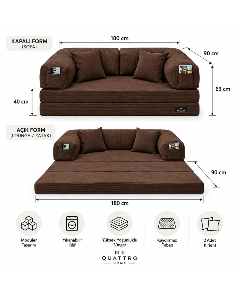 Modüler Süngerli Koltuk Bej Cepli Modern Oturma Ünitesi- 180 cm genişlik, 90 cm derinlik ve 63 cm toplam yükseklik