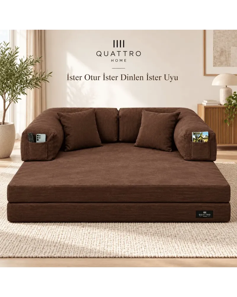 Modüler Süngerli Koltuk Bej Cepli Modern Oturma Ünitesi- 180 cm genişlik, 90 cm derinlik ve 63 cm toplam yükseklik