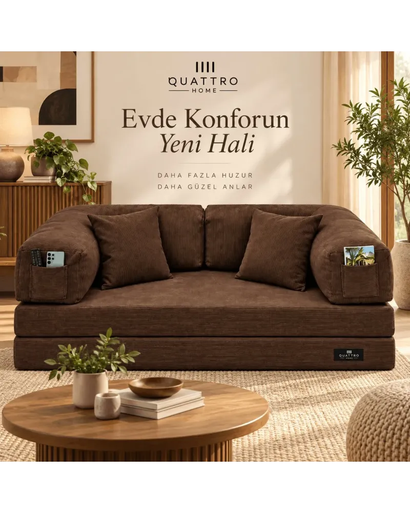 Modüler Süngerli Koltuk Bej Cepli Modern Oturma Ünitesi- 180 cm genişlik, 90 cm derinlik ve 63 cm toplam yükseklik