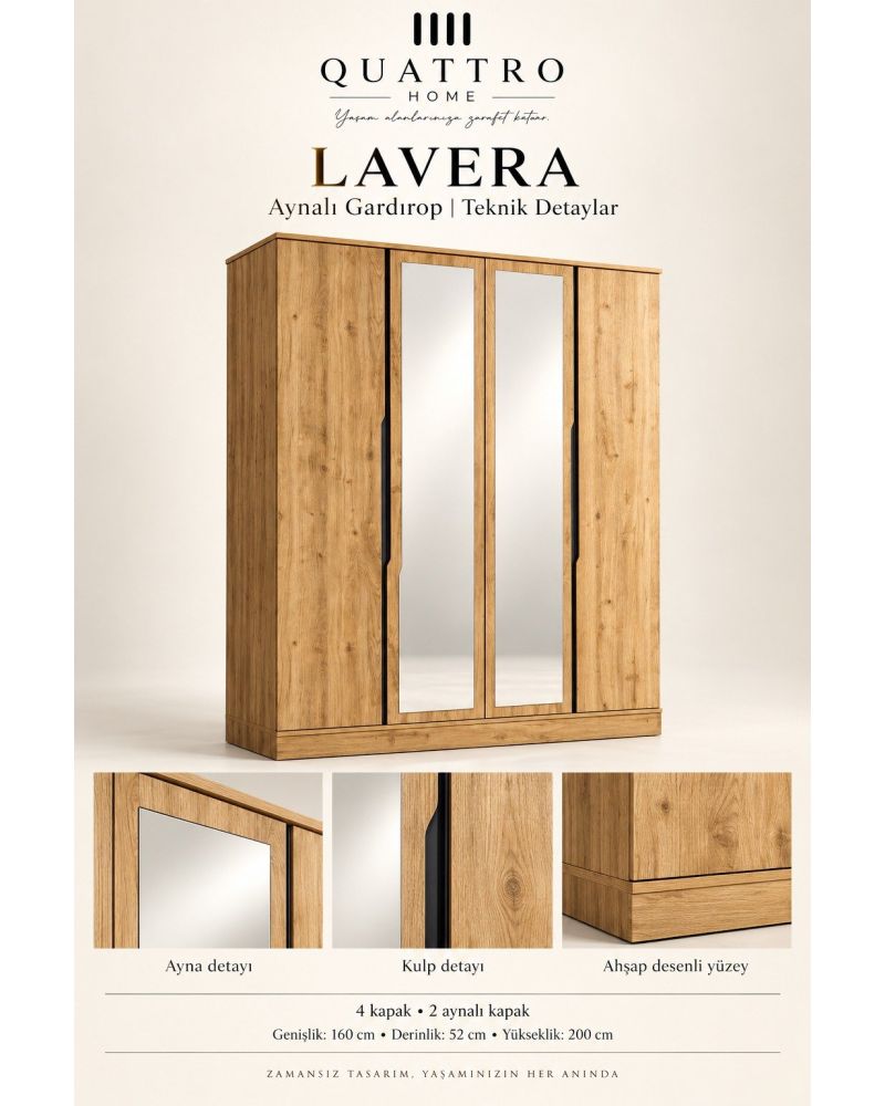 Lavera 4 Kapaklı Aynalı Gardırop-Genişlik: 160 cm Derinlik: 52 cm Yükseklik: 200 cm