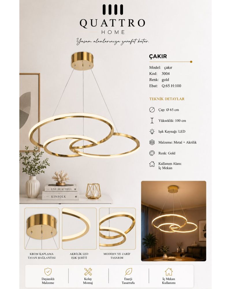 Çakır Üç Halkalı Modern LED Sarkıt Avize