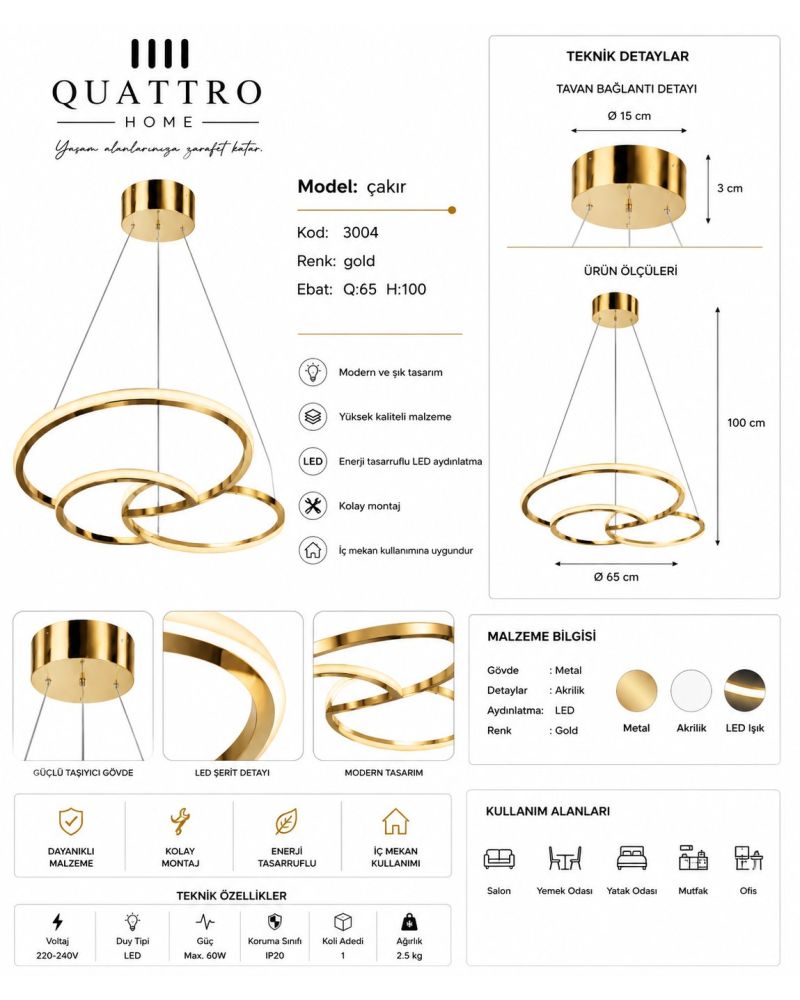 Çakır Üç Halkalı Modern LED Sarkıt Avize
