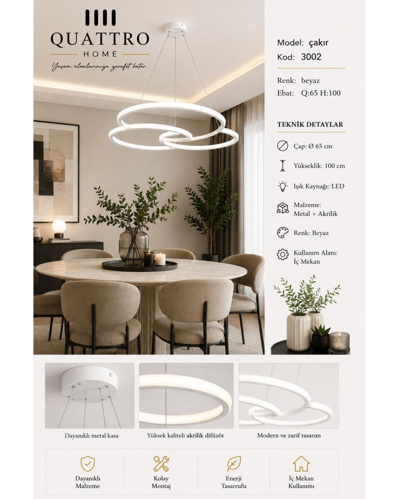 Çakır Üç Halkalı Modern LED Sarkıt Avize