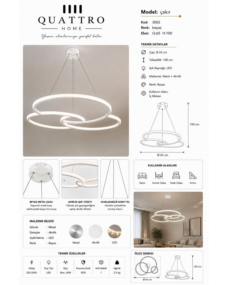 Çakır Üç Halkalı Modern LED Sarkıt Avize