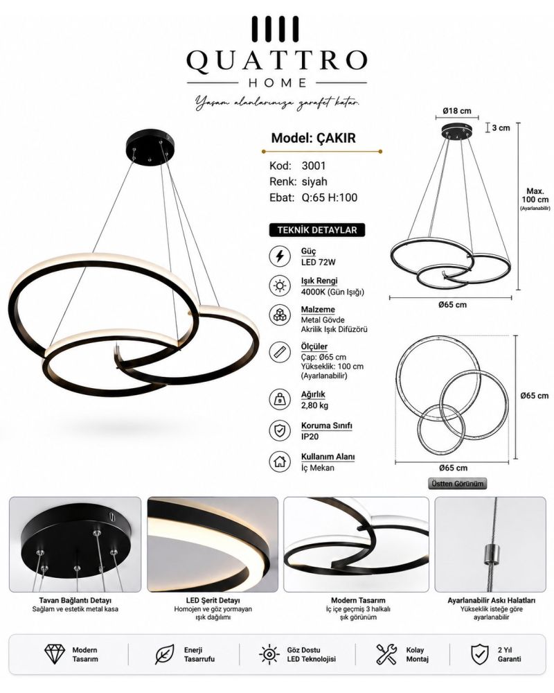 Çakır Üç Halkalı Modern LED Sarkıt Avize