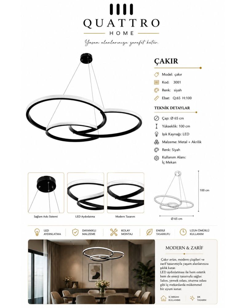 Çakır Üç Halkalı Modern LED Sarkıt Avize