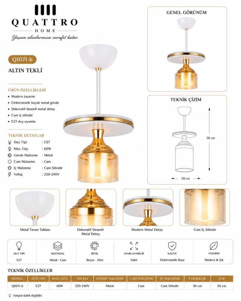 Beyaz Gold Tekli Cam Silindir Avize