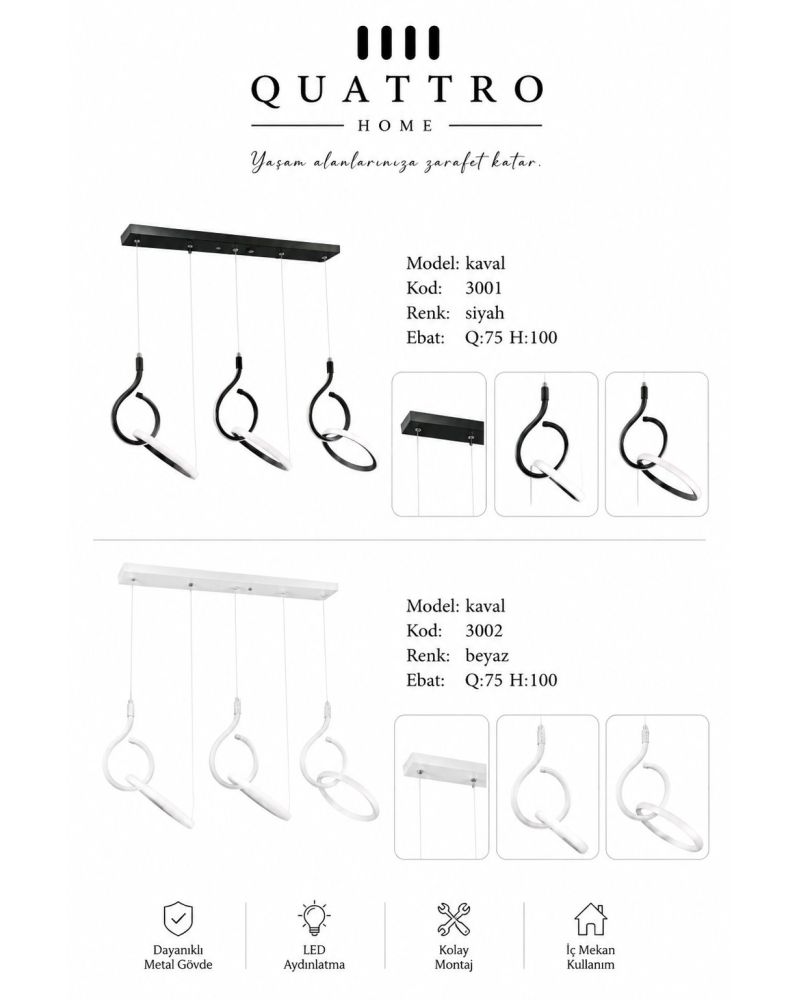 Kaval Üçlü Modern LED Sarkıt Avize