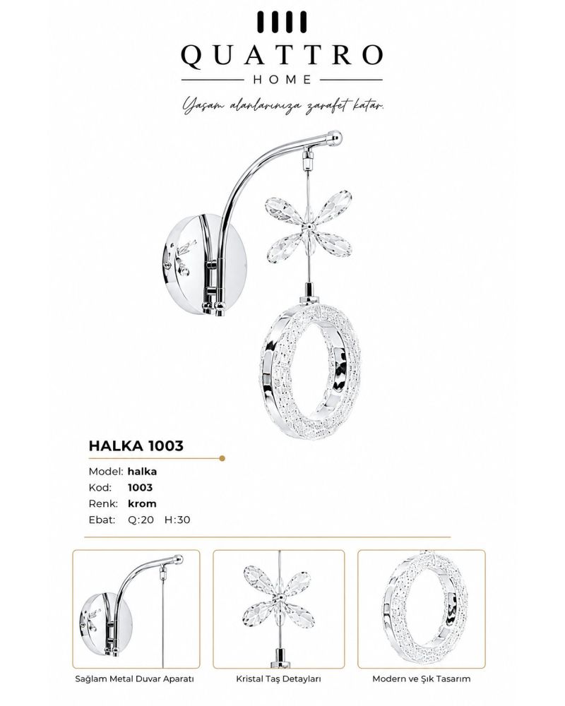 Halka Kristal Taş Detaylı Modern LED Duvar Apliği