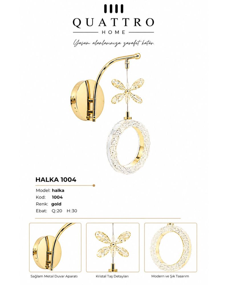 Halka Kristal Taş Detaylı Modern LED Duvar Apliği