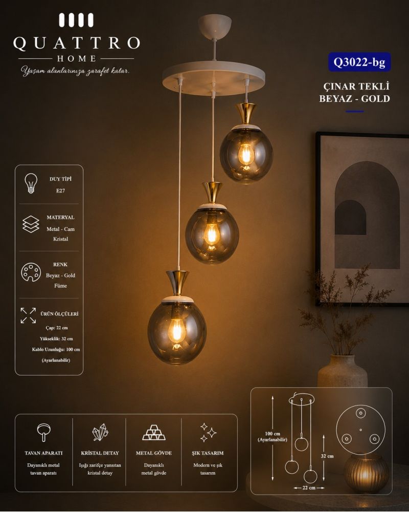 Çınar Üçlü Beyaz Gold Füme Cam Sarkıt Avize