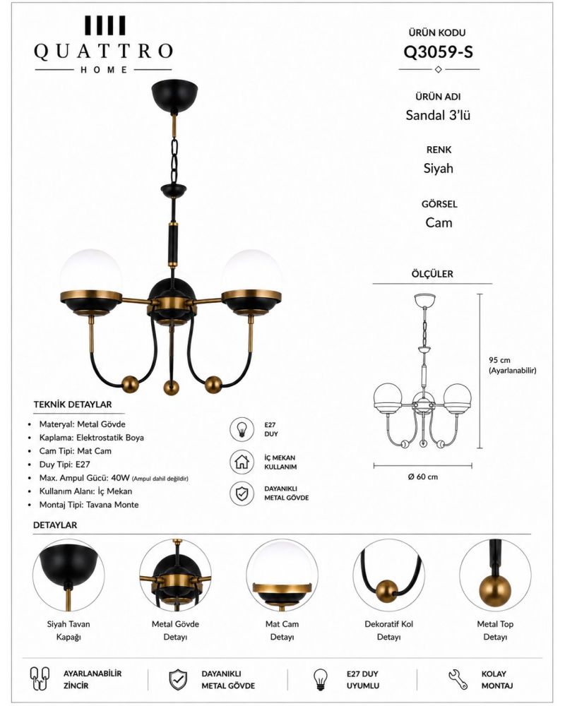 Sandal 3’lü Siyah Gold Mat Camlı Avize