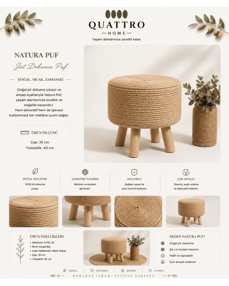 NATURA  Jüt Dokuma Puf 35 cm Çap 40 cm Yükseklik Ahşap Ayaklı Dekoratif Puf