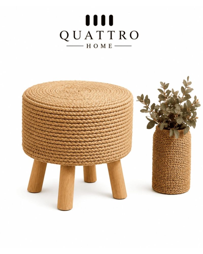 NATURA  Jüt Dokuma Puf 35 cm Çap 40 cm Yükseklik Ahşap Ayaklı Dekoratif Puf
