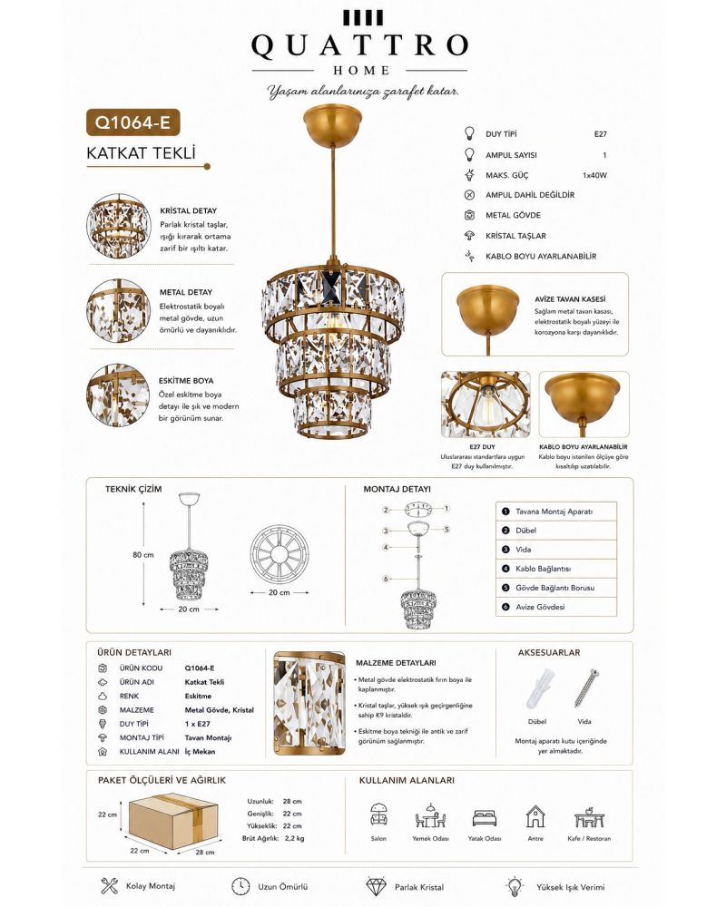 Katkat Tekli Eskitme Gold Kristal Sarkıt Avize