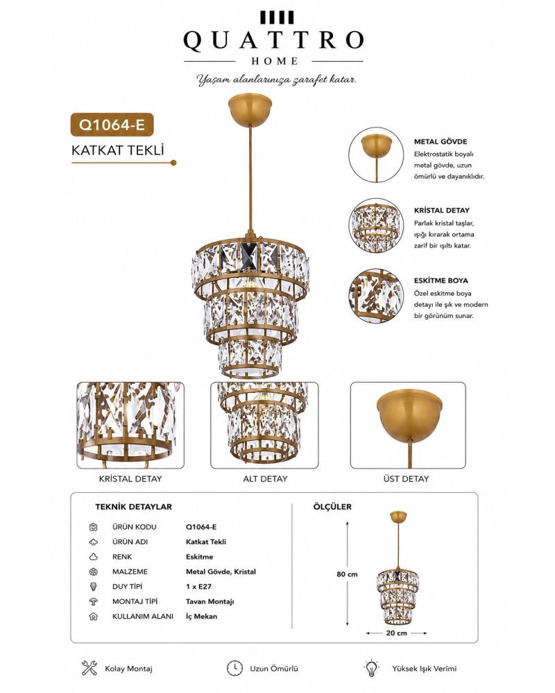 Katkat Tekli Eskitme Gold Kristal Sarkıt Avize