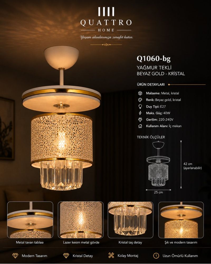Yağmur Beyaz Gold Kristal Detaylı Tekli Sarkıt Avize