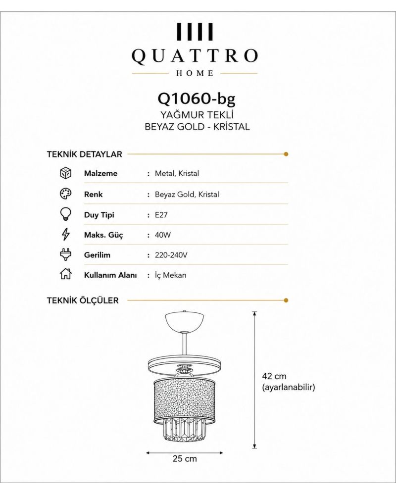 Yağmur Beyaz Gold Kristal Detaylı Tekli Sarkıt Avize