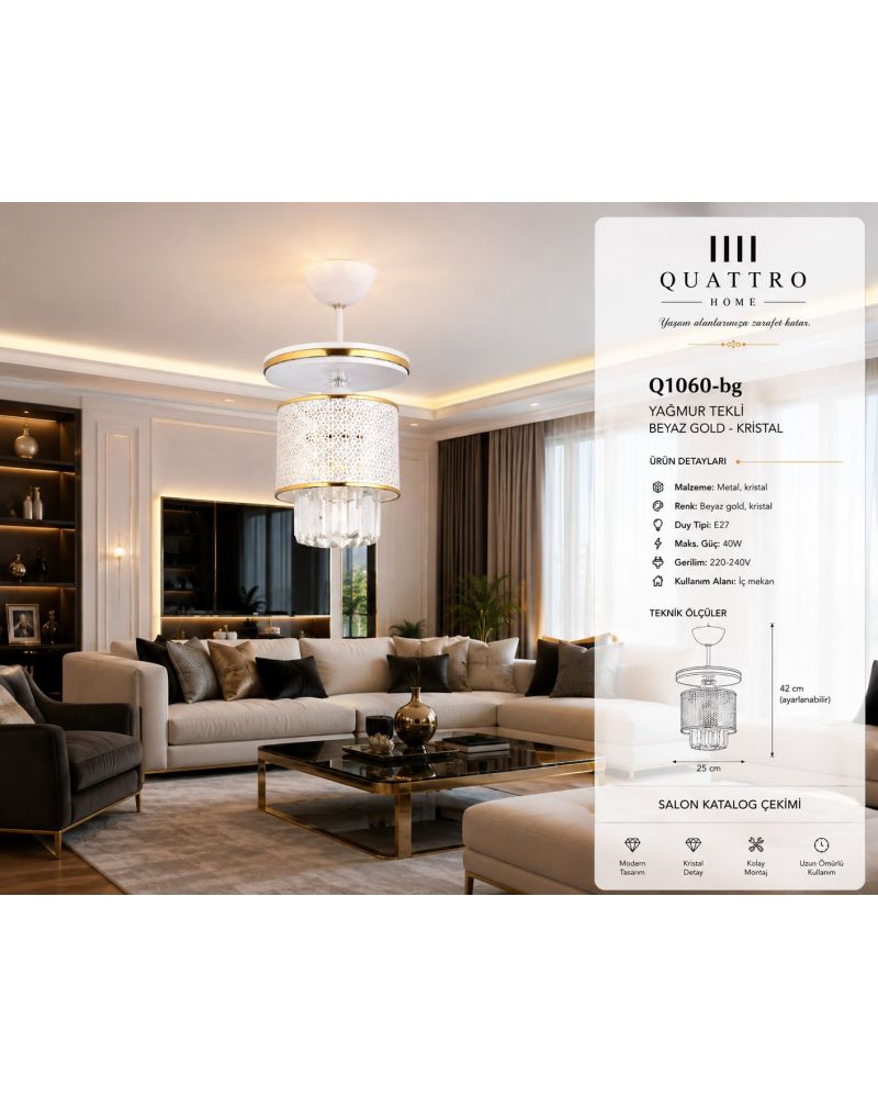 Yağmur Beyaz Gold Kristal Detaylı Tekli Sarkıt Avize