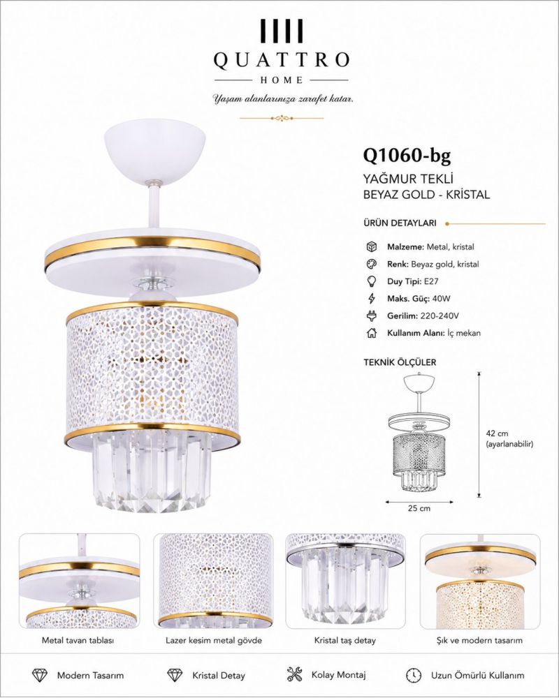 Yağmur Beyaz Gold Kristal Detaylı Tekli Sarkıt Avize