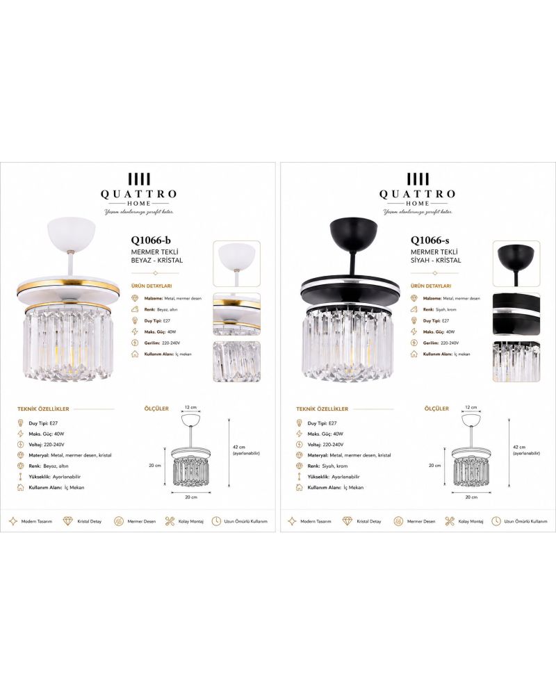 Mermer Tekli Beyaz Gold Kristal Avize