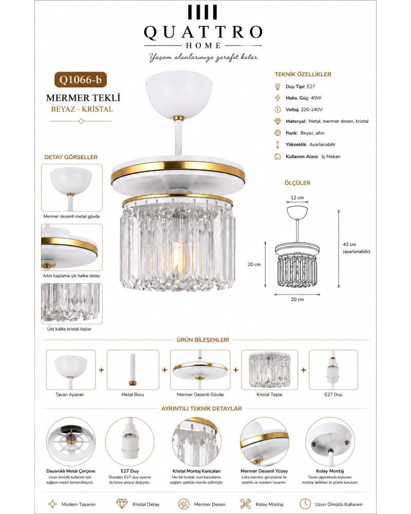 Mermer Tekli Beyaz Gold Kristal Avize