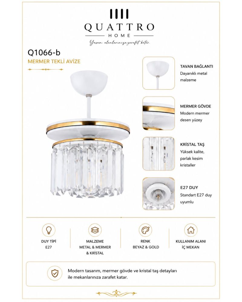 Mermer Tekli Beyaz Gold Kristal Avize