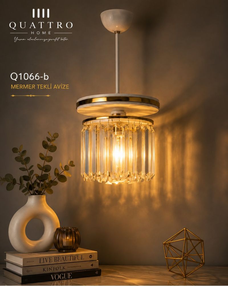 Mermer Tekli Beyaz Gold Kristal Avize
