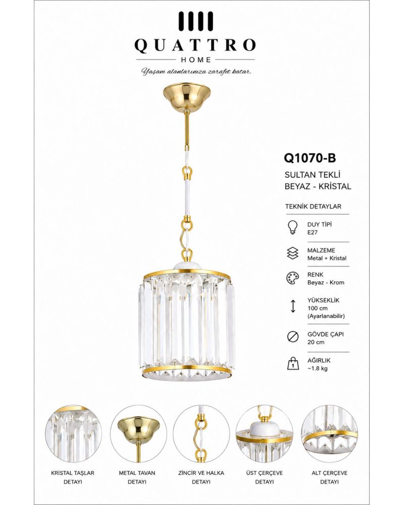 Sultan Tekli Beyaz Gold Kristal Sarkıt Avize