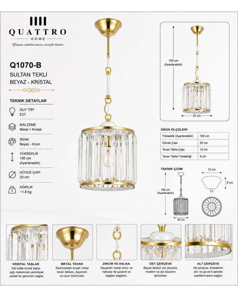 Sultan Tekli Beyaz Gold Kristal Sarkıt Avize