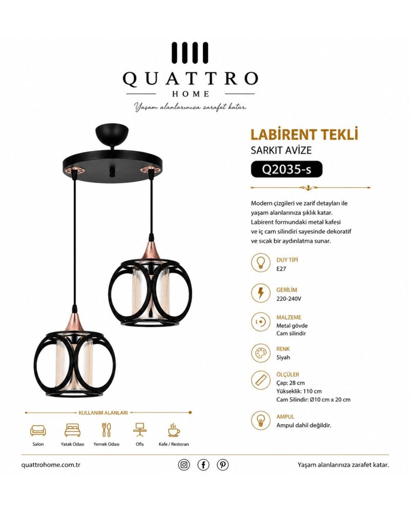 Labirent Cam Silindirli Tekli Sarkıt Avize