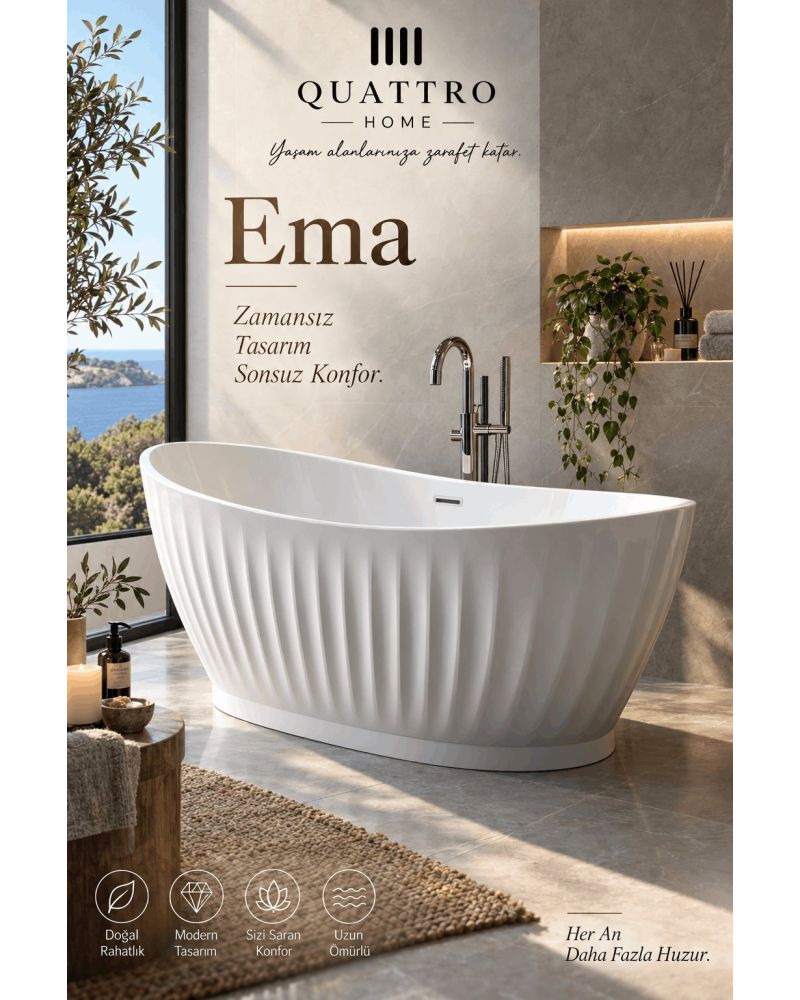 Ema Beyaz Serbest Duran Akrilik Küvet – 170 × 80 × 68 cm
