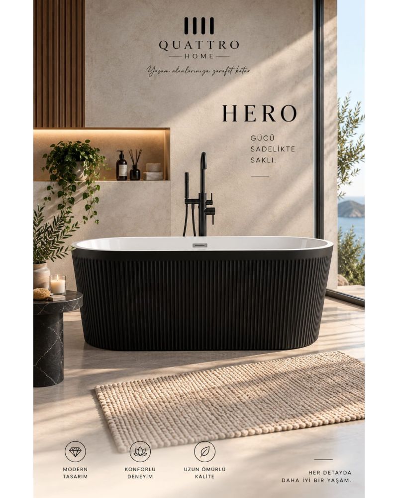 Hero Siyah Serbest Duran Akrilik Küvet – 170 × 80 × 58 cm