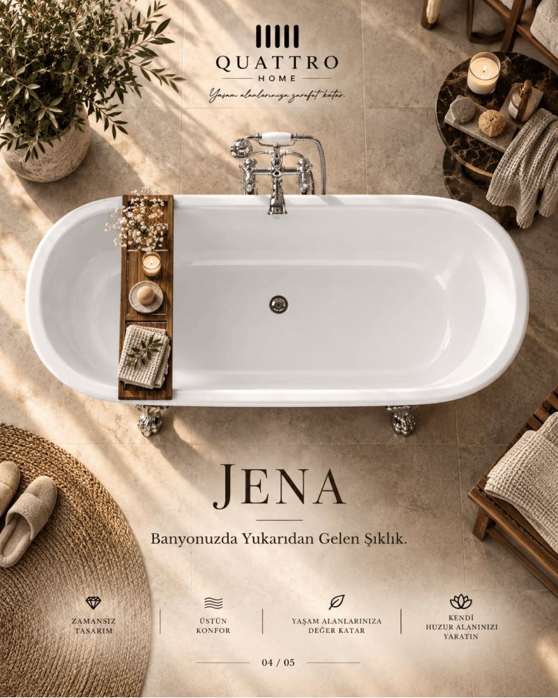 Jena Siyah Ayaklı Serbest Duran Akrilik Küvet – 180 × 80 × 74 cm