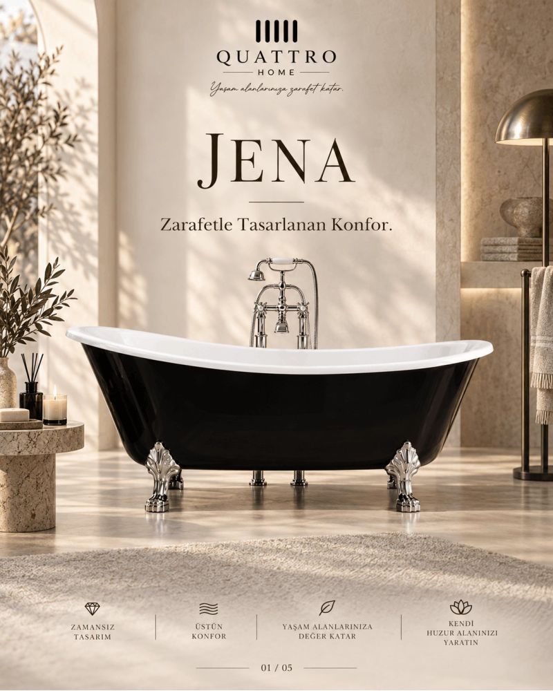 Jena Siyah Ayaklı Serbest Duran Akrilik Küvet – 180 × 80 × 74 cm