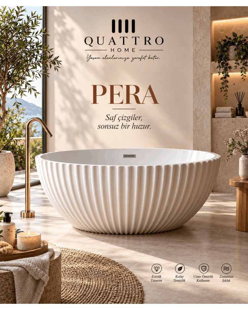 Pera Beyaz Serbest Duran Akrilik Küvet – 180 × 100 × 60 cm