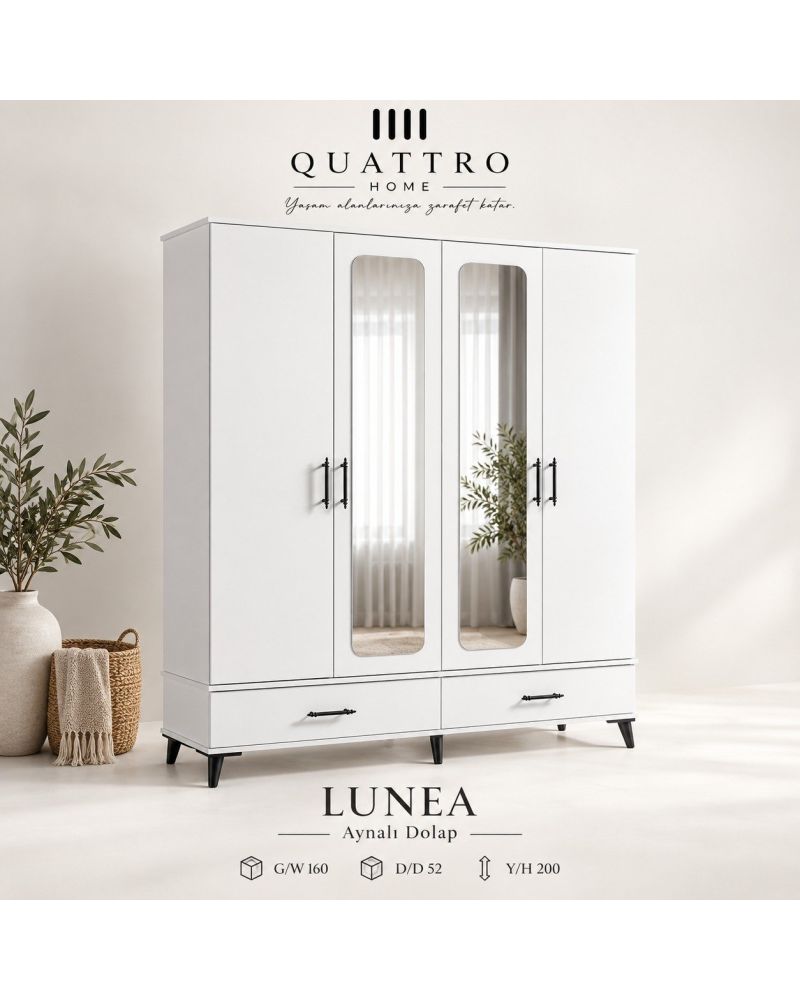 Lunea 4 Kapaklı Aynalı 2 Çekmeceli Gardırop-Genişlik: 160 cm Derinlik: 52 cm Yükseklik: 200 cm
